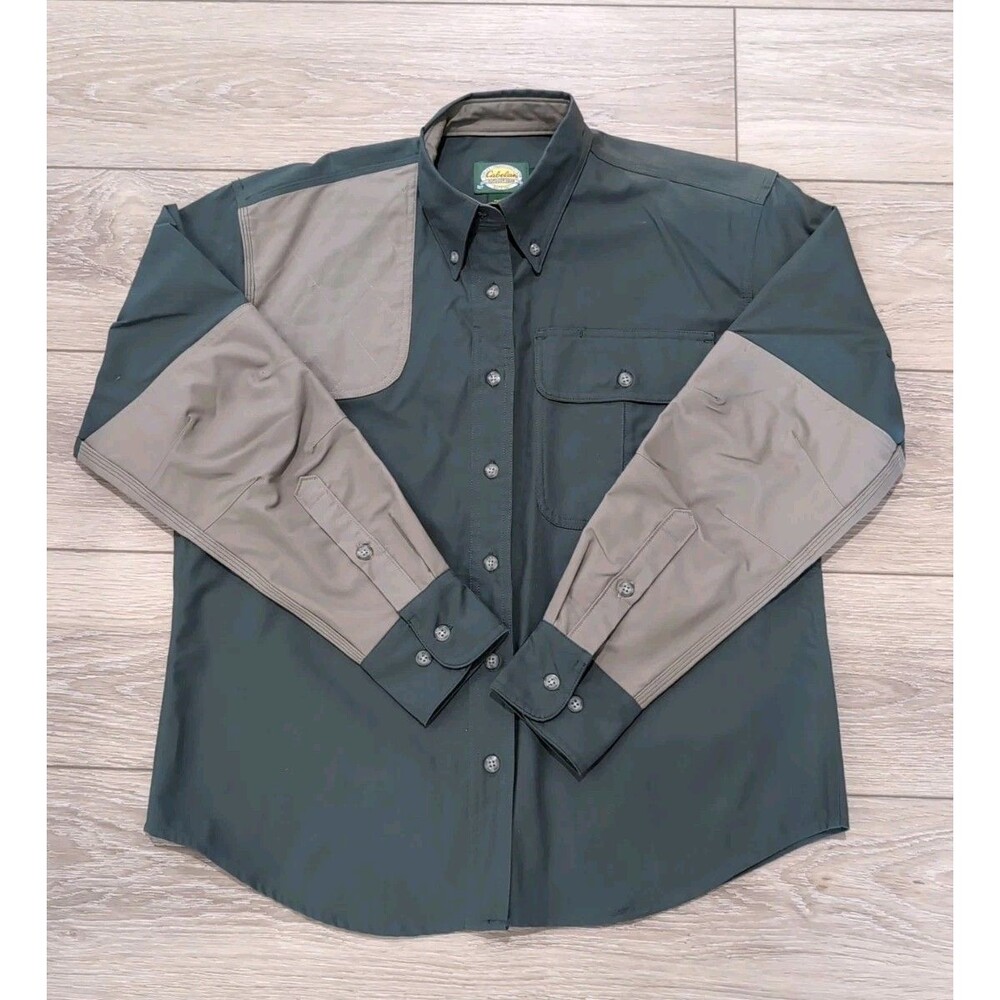CABELA'S SHOOTING SHIRT MEN'S Medium KHAKI OLIVE QUILTED SHOULDER UPLAND